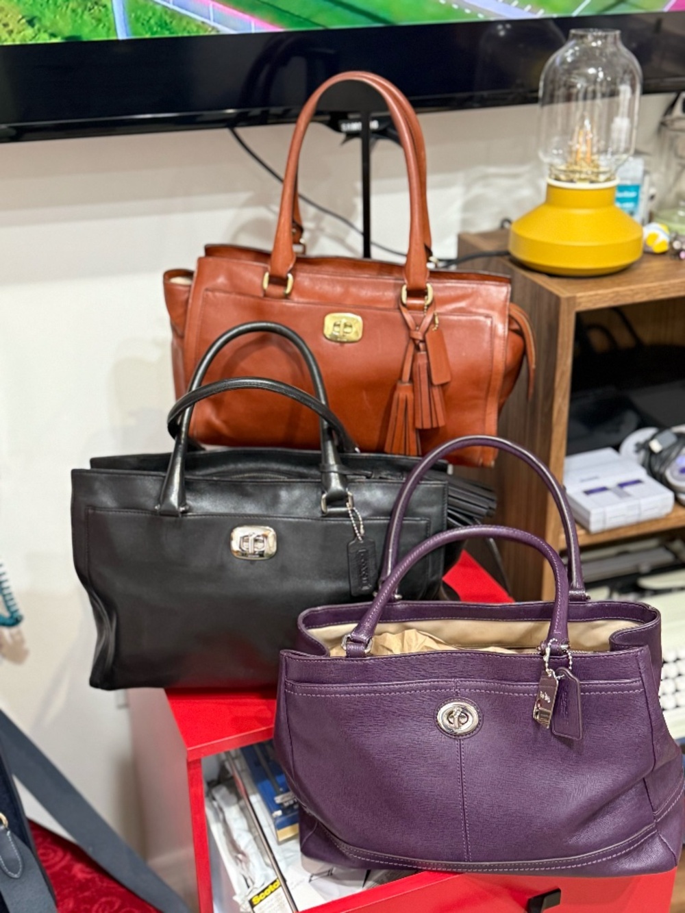 Coach Legacy Leather Carryall Set – Cognac, Plum & Black